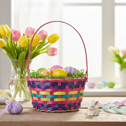 Traditional Easter basket 10x4.5 inch on a spring table with Easter eggs tulips and pastel ribbon