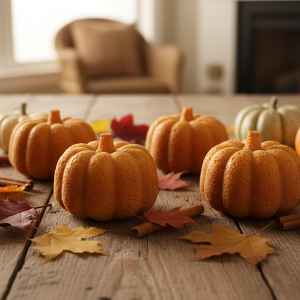 Four 3D pumpkin shaped mini cakes freshly baked and golden brown on a Thanksgiving table with autumn leaves and mini pumpkins