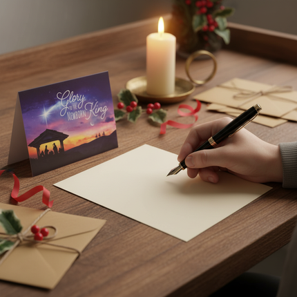 Glory to the Newborn King Christmas card being written by hand on wooden desk with pen and warm candlelight