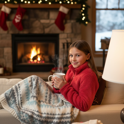 Young girl wearing a red fuzzy fleece 1/4 zip pullover sweater indoors in a cozy winter home setting