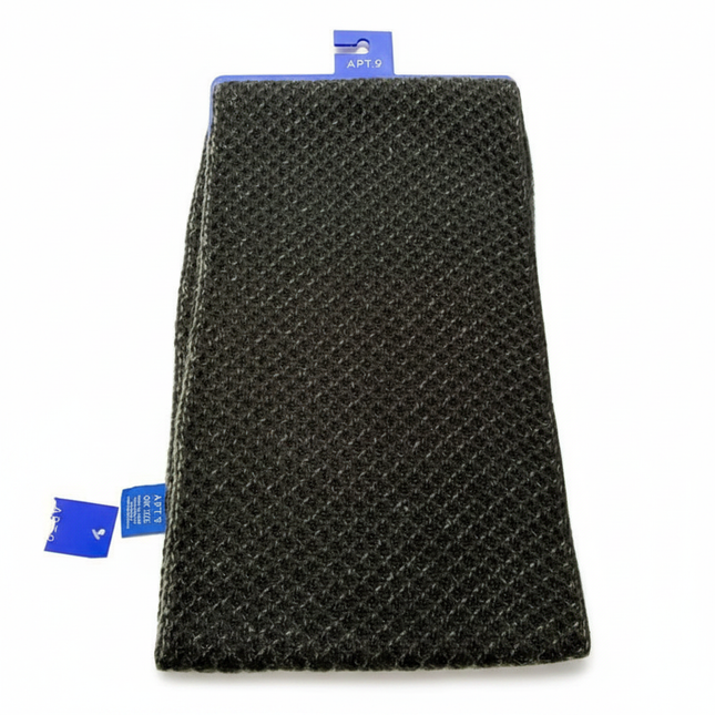 Apt. 9 dark black grey textured knit winter scarf flat lay on white background