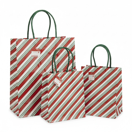 Celebrate It Christmas gift bag set with red white and green diagonal candy cane stripe pattern and dark green rope handles on white background