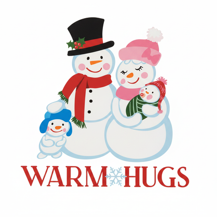 Close-up detail of Warm Hugs snowman family iron-on transfer design showing snowman with top hat, mama snowman and baby penguin