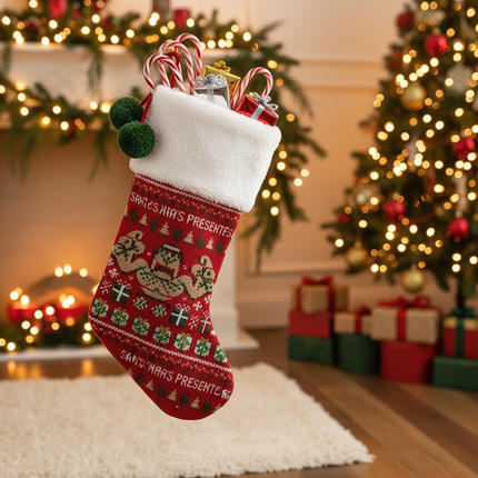 Traditional woven holiday Christmas stocking 18in stuffed with gifts and candy canes