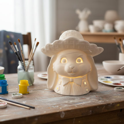 DIY unpainted white ceramic bunny figure with hat and bow tie glowing with warm LED light on a craft table with paints and brushes