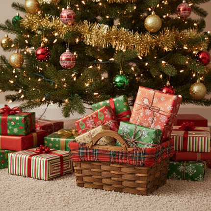 Rectangular wicker Christmas basket with red tartan plaid liner used as gift basket under a Christmas tree
