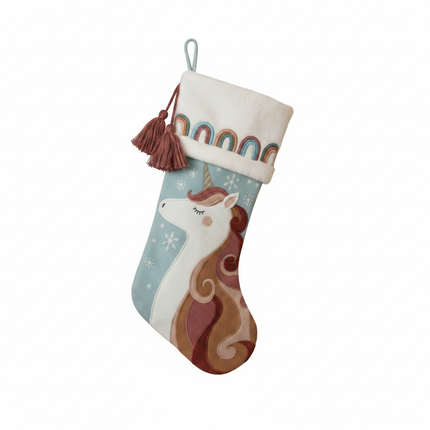 Unicorn Christmas stocking 18in on white background, light blue teal with unicorn design