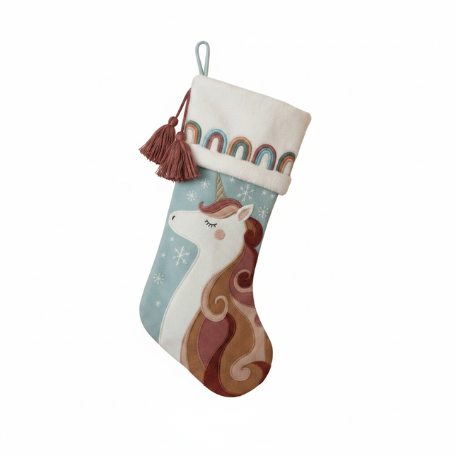 Unicorn Christmas stocking 18in on white background, light blue teal with unicorn design