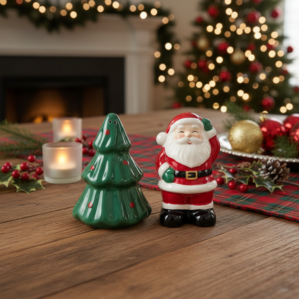 Christmas Santa and Christmas Tree Salt & Pepper Shaker Set on festive holiday table