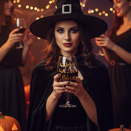 Celebrate It Happy Hallo Wine stemless wine glass filled with red wine held by a woman in a Halloween witch costume at a party