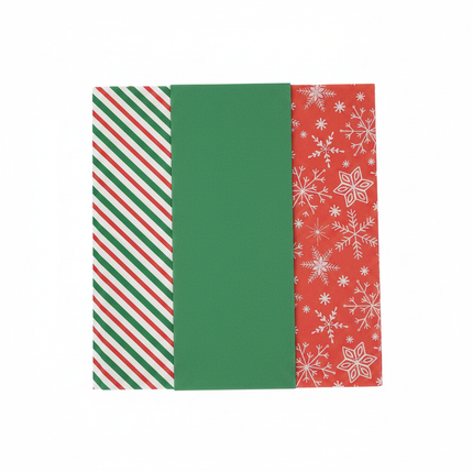 Celebrate It Christmas tissue paper 36pc flat lay showing candy cane stripe, solid green, and red snowflake designs on white background