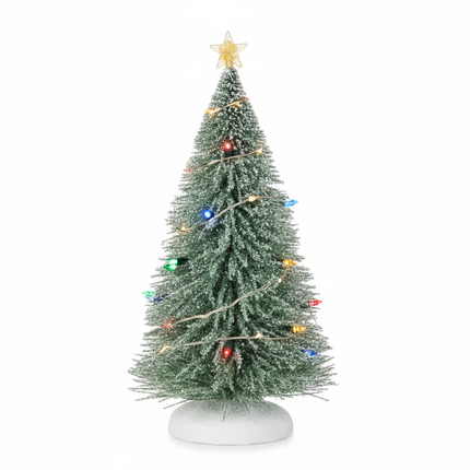 Snow-flocked green spruce tabletop Christmas tree with multicolor lights on white background