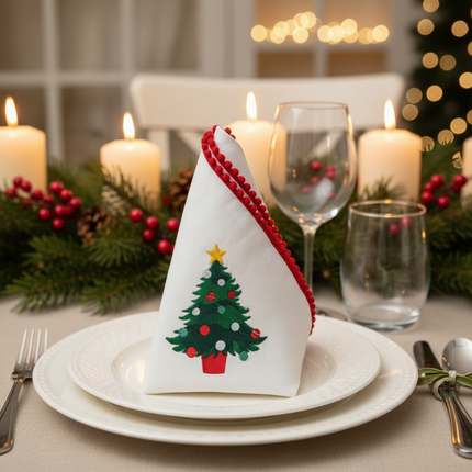 White Christmas tree napkin with red crochet border folded on a holiday dining table with place setting