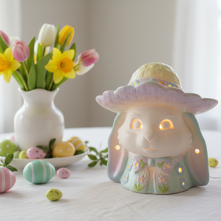 Ceramic bunny figure with hat and bow tie painted in pastel Easter colors glowing with warm LED light on a spring Easter table