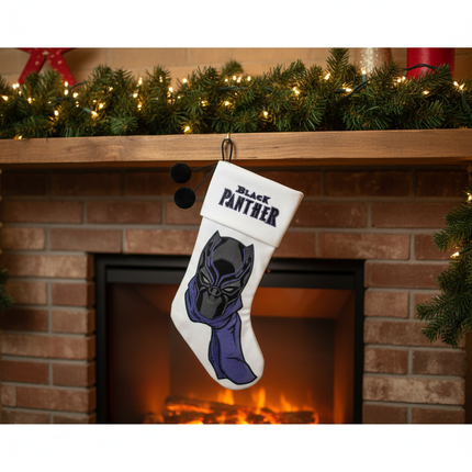 Black Panther Christmas stocking 18in hanging on holiday mantel with Christmas lights