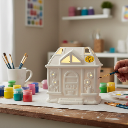 DIY unpainted white ceramic house lantern with floral details and arched door glowing with warm LED light on a craft table with paints and brushes