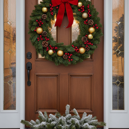 Large 36 inch green pine wreath decorated with red ribbon bow, red berries, pinecones and gold ornaments on a front door