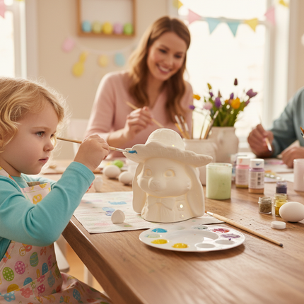 Child painting a white ceramic bunny figure with hat and bow tie at a craft table as a fun family Easter activity