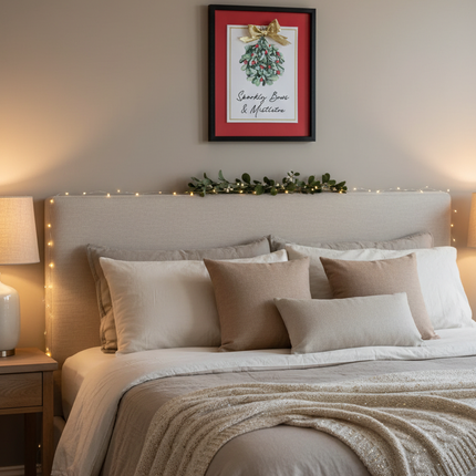 Sparkly Bows and Mistletoe framed wall decor hung on a bedroom wall with soft neutral holiday decor