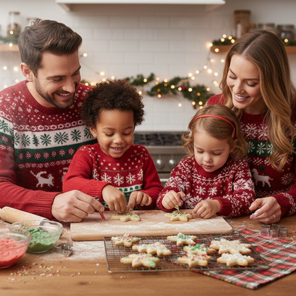 Family baking Christmas cookies together in a cozy kitchen with decorated sugar cookies on a cooling rack in holiday shapes