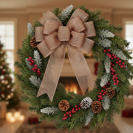 Celebrate It wired bronze mesh ribbon 2.5in x 20ft formed into a large bow on a Christmas wreath with pine cones and greenery