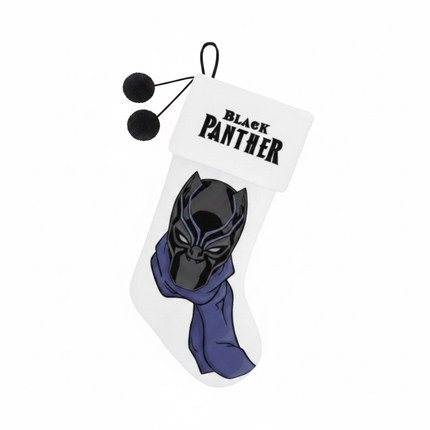 Black Panther Christmas stocking 18in on white background, white stocking with black panther mask design