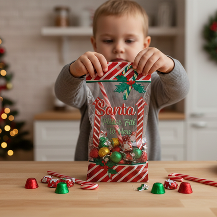 Child filling a Celebrate It Christmas treat bag with candy canes and chocolates in a holiday kitchen setting