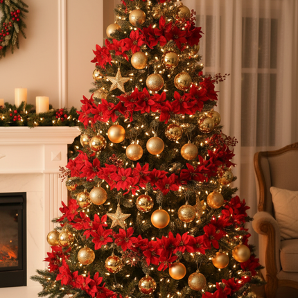 Ashland red poinsettia chain garland 6ft wrapped around a Christmas tree with gold ornaments and warm lights