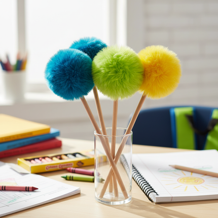 Colorful fluffy pencil toppers on pencils on a school desk with notebooks and crayons