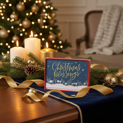Christmas Blessings cards displayed on holiday table with candles, pine branches, and gold ribbon in navy and gold color palette