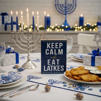 Navy blue Keep Calm and Eat Latkes sign styled on a Hanukkah table
