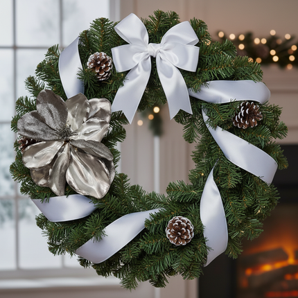Ashland silver 8 inch decorative floral pick inserted into a Christmas wreath with white ribbon and pine cones