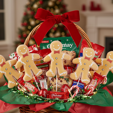 Multiple Ashland gingerbread man craft picks arranged in a Christmas gift basket with holiday treats and ribbon