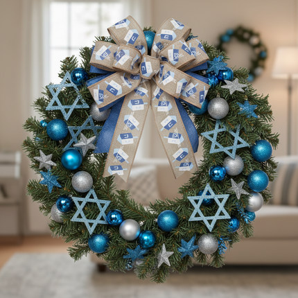 Celebrate It Hanukkah wired ribbon with burlap texture and dreidel pattern formed into a bow on a Hanukkah wreath with blue and silver ornaments