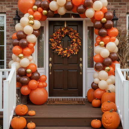 Celebrate It Thanksgiving balloon garland 10 feet decorating a front door entryway with fall wreath and pumpkins on the porch