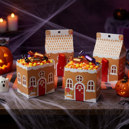 Celebrate It treat boxes 2 sets used as Halloween treat boxes filled with candy on a Halloween themed table