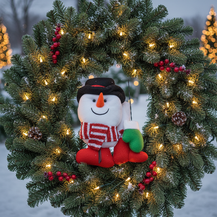 Christmas snowman wreath decor pick kit styled on a snowy outdoor scene with pine branches and holiday lights