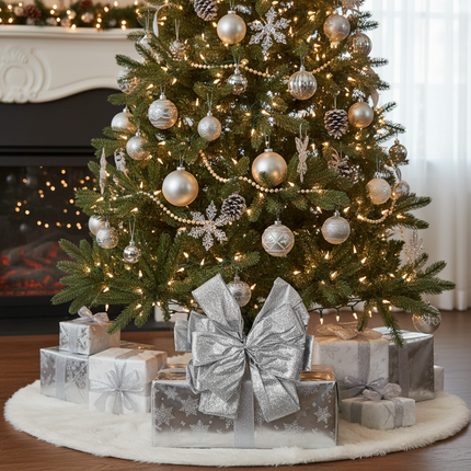 Celebrate It large silver glitter bow on top of a wrapped Christmas gift with silver paper under a decorated tree with white lights
