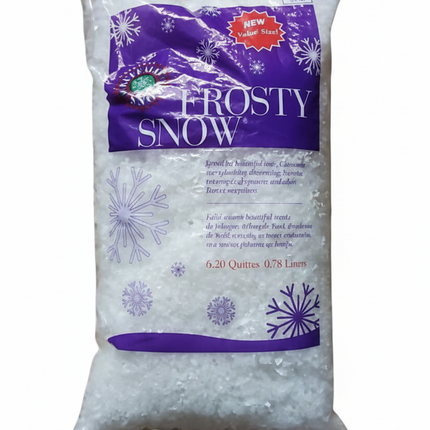 Bag of Frosty Snow artificial fake snow with purple label on white background