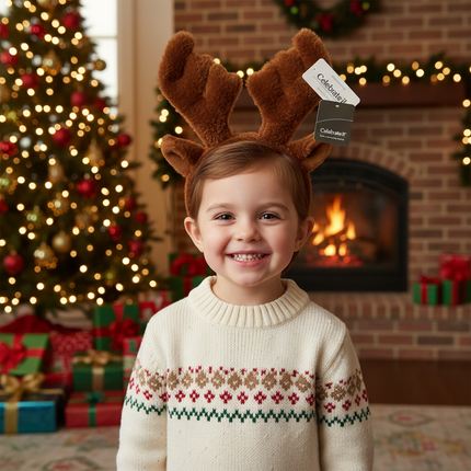 Celebrate It fuzzy brown reindeer antlers headband worn by a child in front of a Christmas tree with wrapped gifts