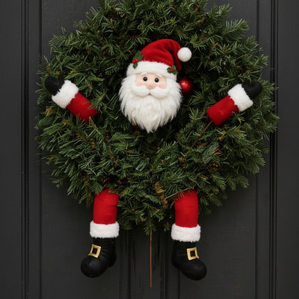 Ashland plush Santa wreath decorating picks assembled and inserted into a lush green Christmas wreath on a dark front door