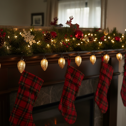 Ashland 5ft LED Christmas crafting lights draped along a mantel with holiday greenery and pinecones