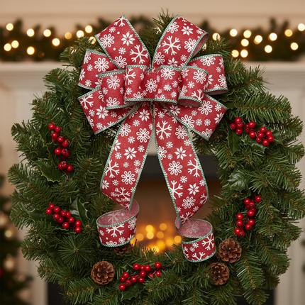 Celebrate It red wired ribbon with white snowflakes and green striped edges formed into a large bow on a Christmas wreath with pine branches and red berries