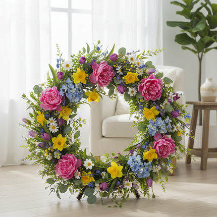 Natural grapevine wreath base decorated with colorful spring flowers and greenery as a standing floral wreath
