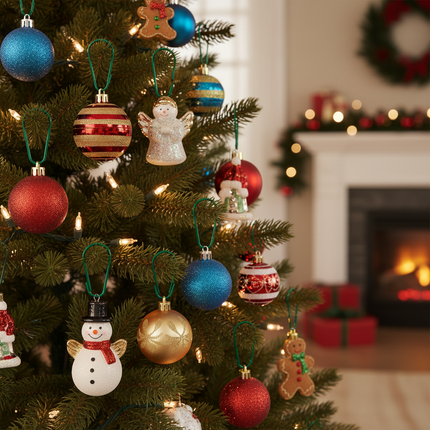Ashland large green Christmas ornament hooks being used to hang colorful ornaments on a Christmas tree