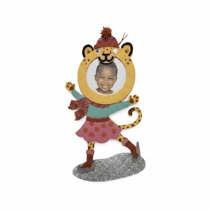 Studio Decor Kids Felt Leopard Ice Skater Photo Ornament front view white background