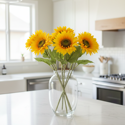 Multiple Ashland 28 inch dual golden yellow sunflower stems arranged in a large glass vase centerpiece on a kitchen island