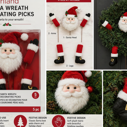 Ashland Santa wreath decorating picks kit box packaging displayed next to a decorated Christmas wreath