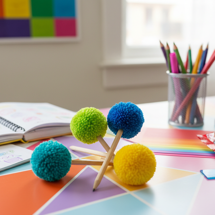 4 fuzzy pom-pom pencil toppers in teal, blue, green, and yellow on pencils on a colorful kids desk with school supplies