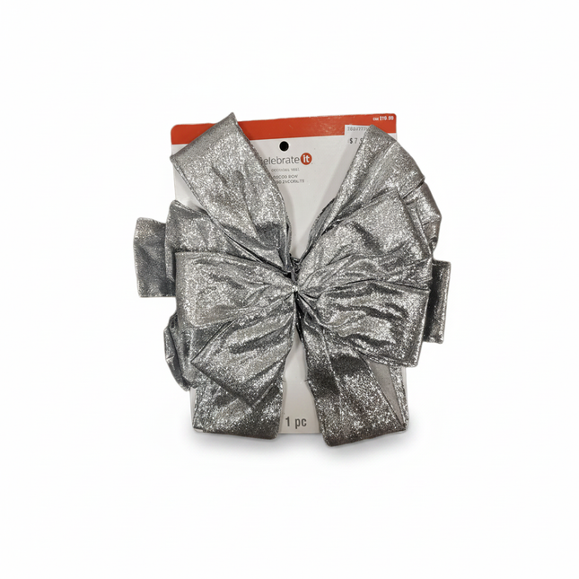 Celebrate It large silver glitter decorative Christmas bow on white background